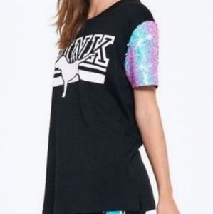 Victoria's Secret PINK black mermaid reversible sequin oversized campus tee XS